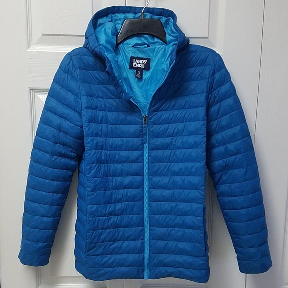SOLD. LANDS' END Kids ThermoPlume Packable Hooded Jacket. Aquamarine. Preowned - Picture 1 of 16